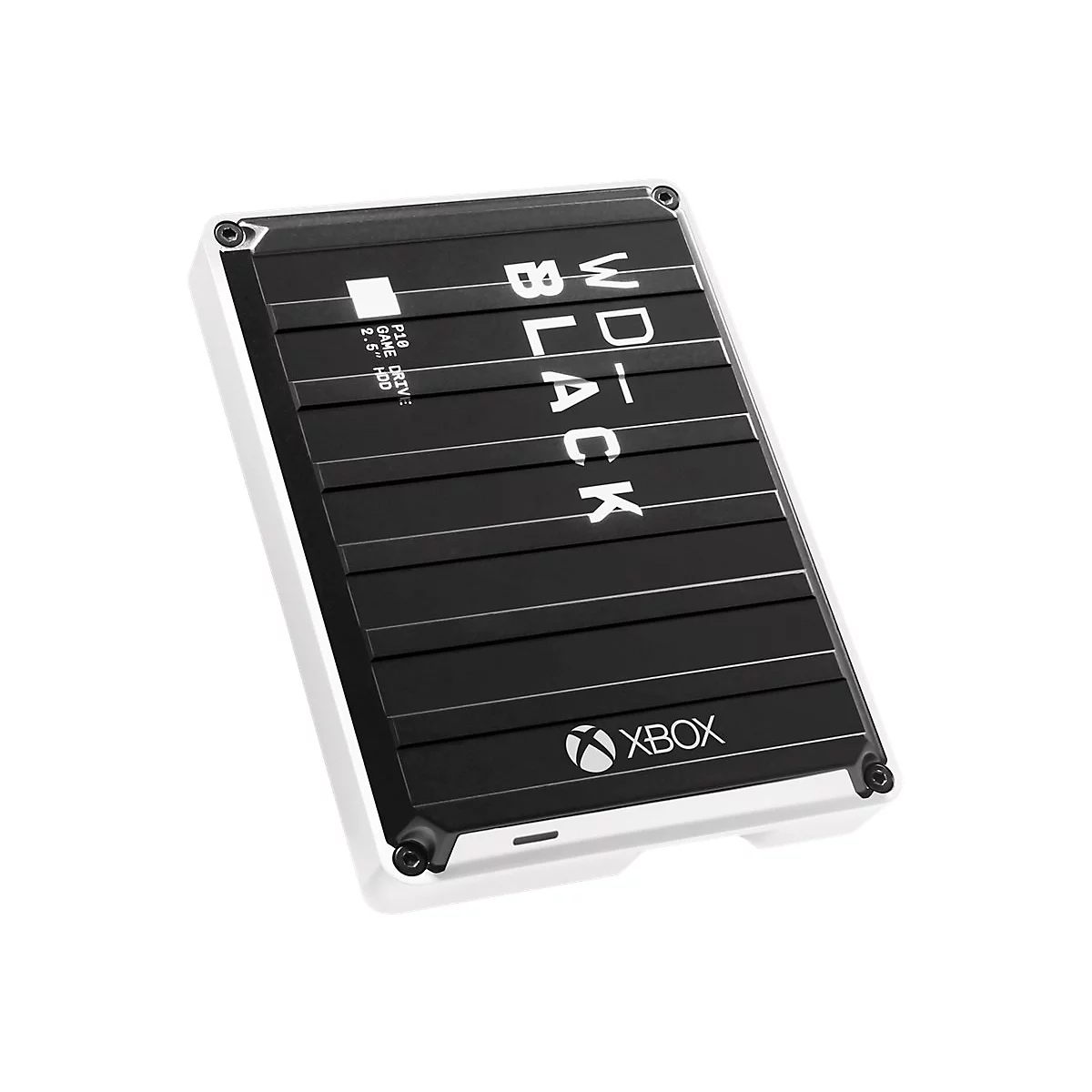 Schwarze WD_BLACK externe Festplatte für Xbox, weißer Rahmen, horizontal geriffelte Oberfläche, Xbox-Logo unten.