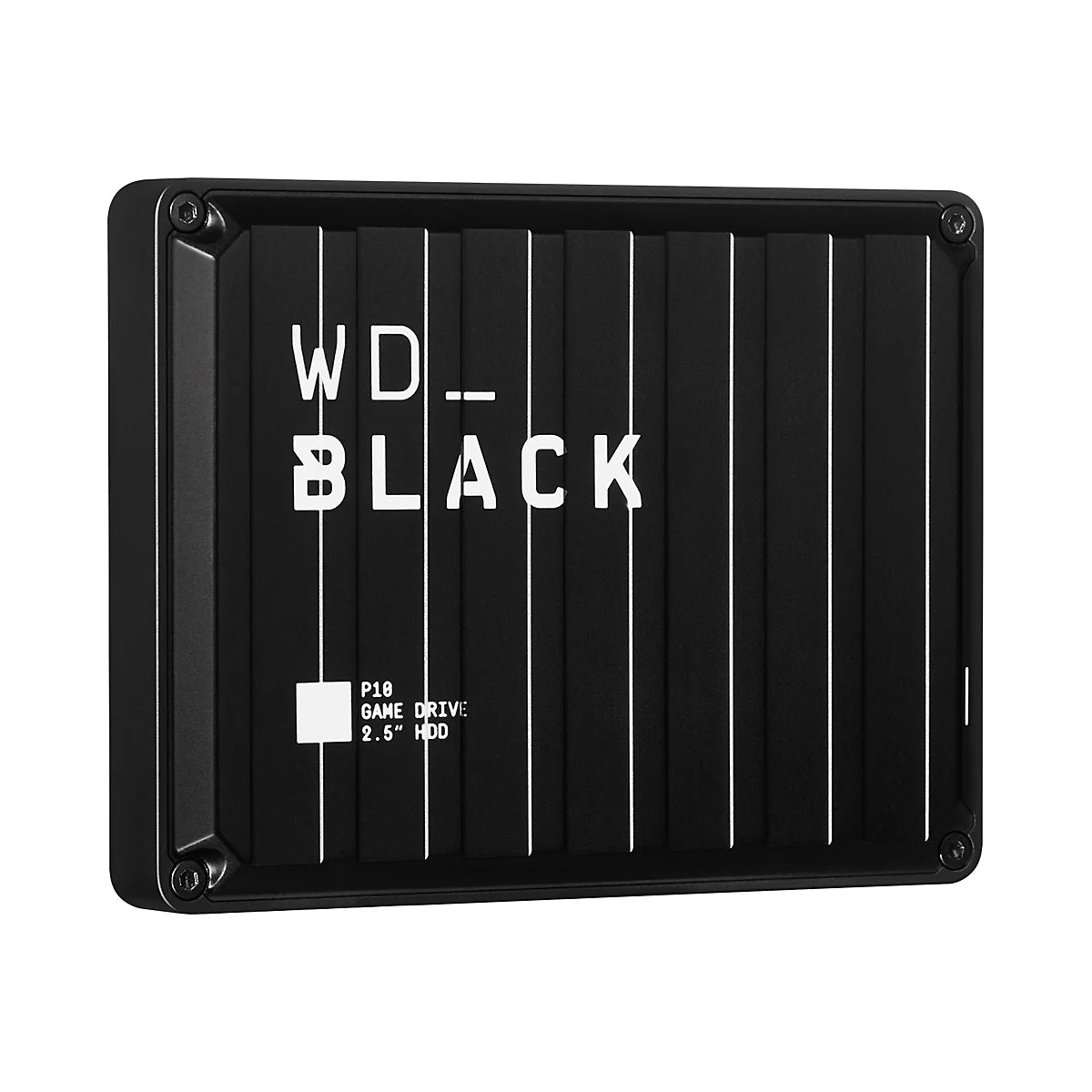 Schwarze externe Festplatte von WD_Black. Aufschrift in Weiß: WD_BLACK, P10 Game Drive 2.5" HDD.