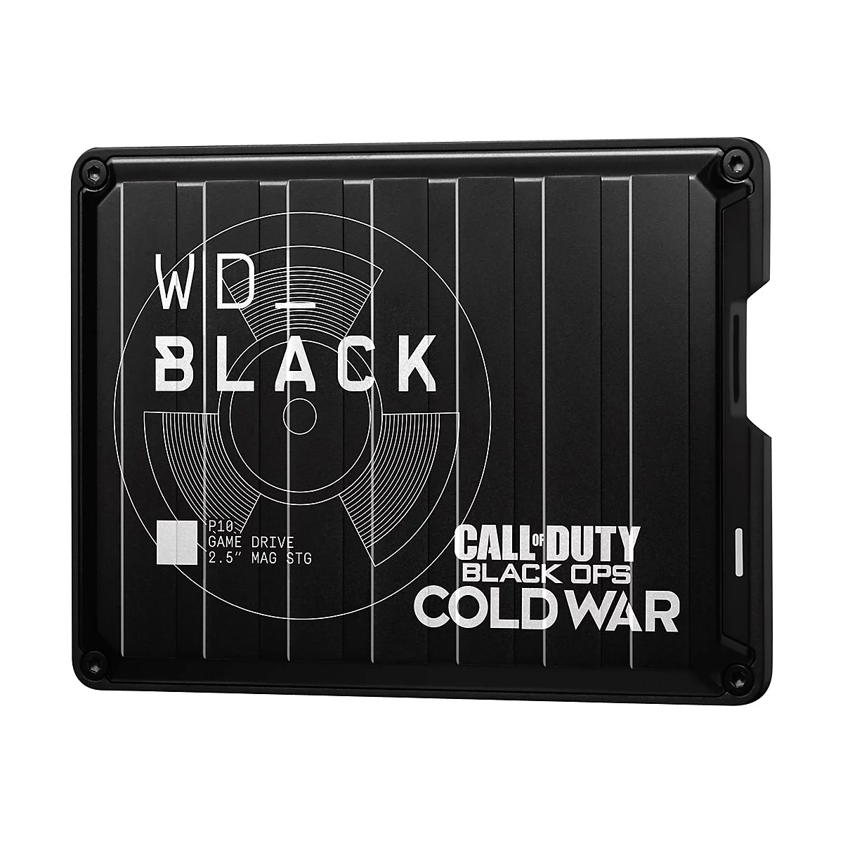 Schwarze WD Black externe Festplatte mit weißem Logo und Call of Duty: Black Ops Cold War Schriftzug.