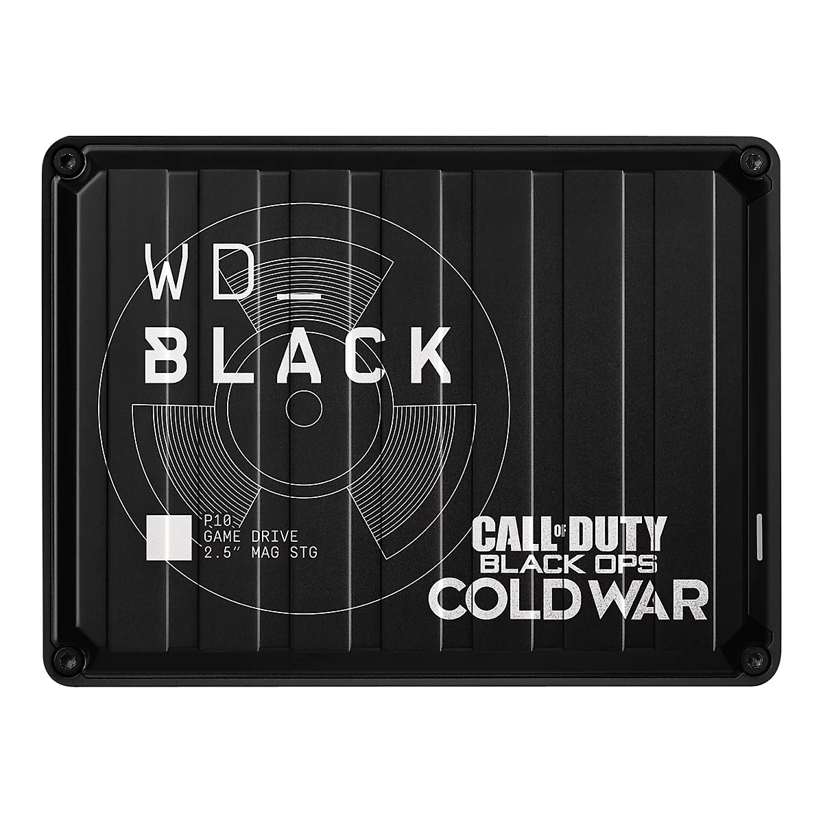 Schwarze WD_Black externe Festplatte. Aufdruck: WD_BLACK, Call of Duty Cold War. Geriffelte Oberfläche.
