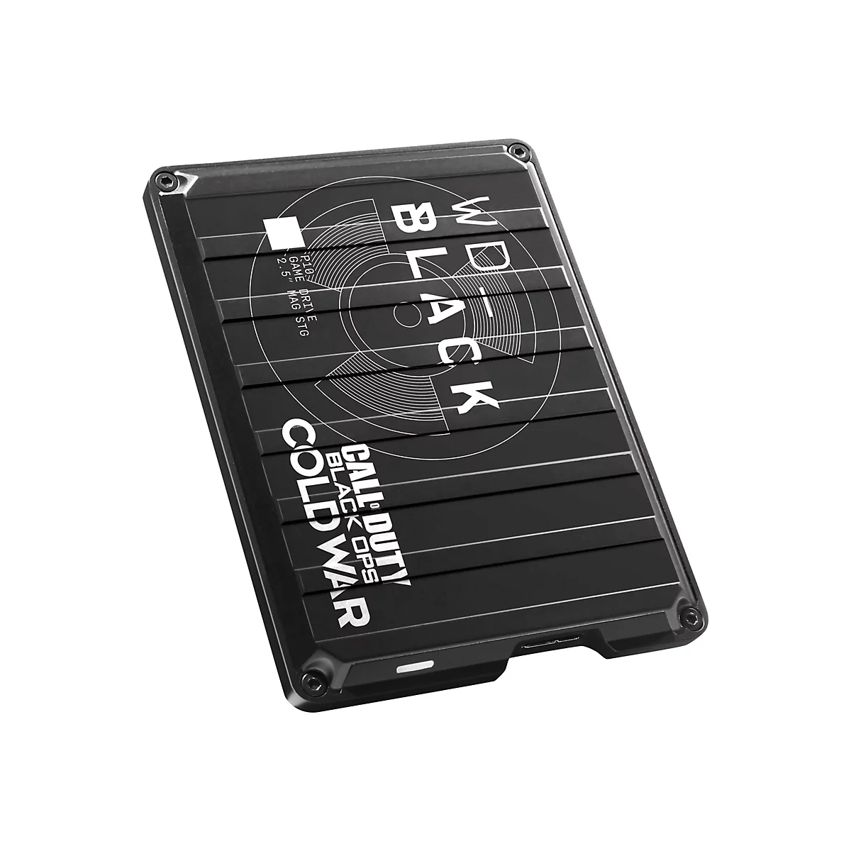 Schwarze externe Festplatte mit 'WD BLACK' und 'Call of Duty Cold War' Schriftzug. Vertikale Rillen strukturieren die Oberfläche.