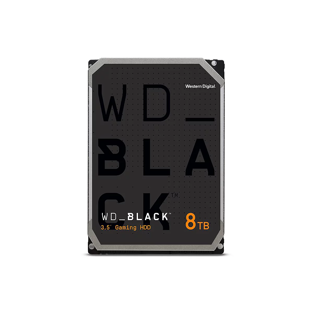 Schwarze WD_BLACK 8TB Festplatte. Großer Schriftzug mit WD_BLACK. Aufdruck mit 3.5" Gaming HDD. Orangefarbene 8 TB.