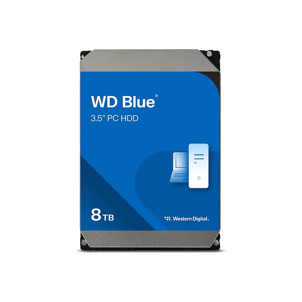 Disque dur WD Blue 8 To. Étiquette bleue avec lettrage WD Blue, disque dur PC 3,5", et capacité de 8 To.