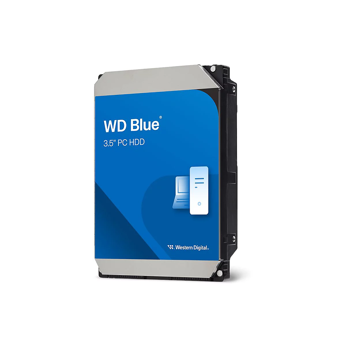 Disque dur WD Blue, 3,5" PC HDD, design bleu avec logo. Boîtier noir, dessus argenté, sur fond blanc.