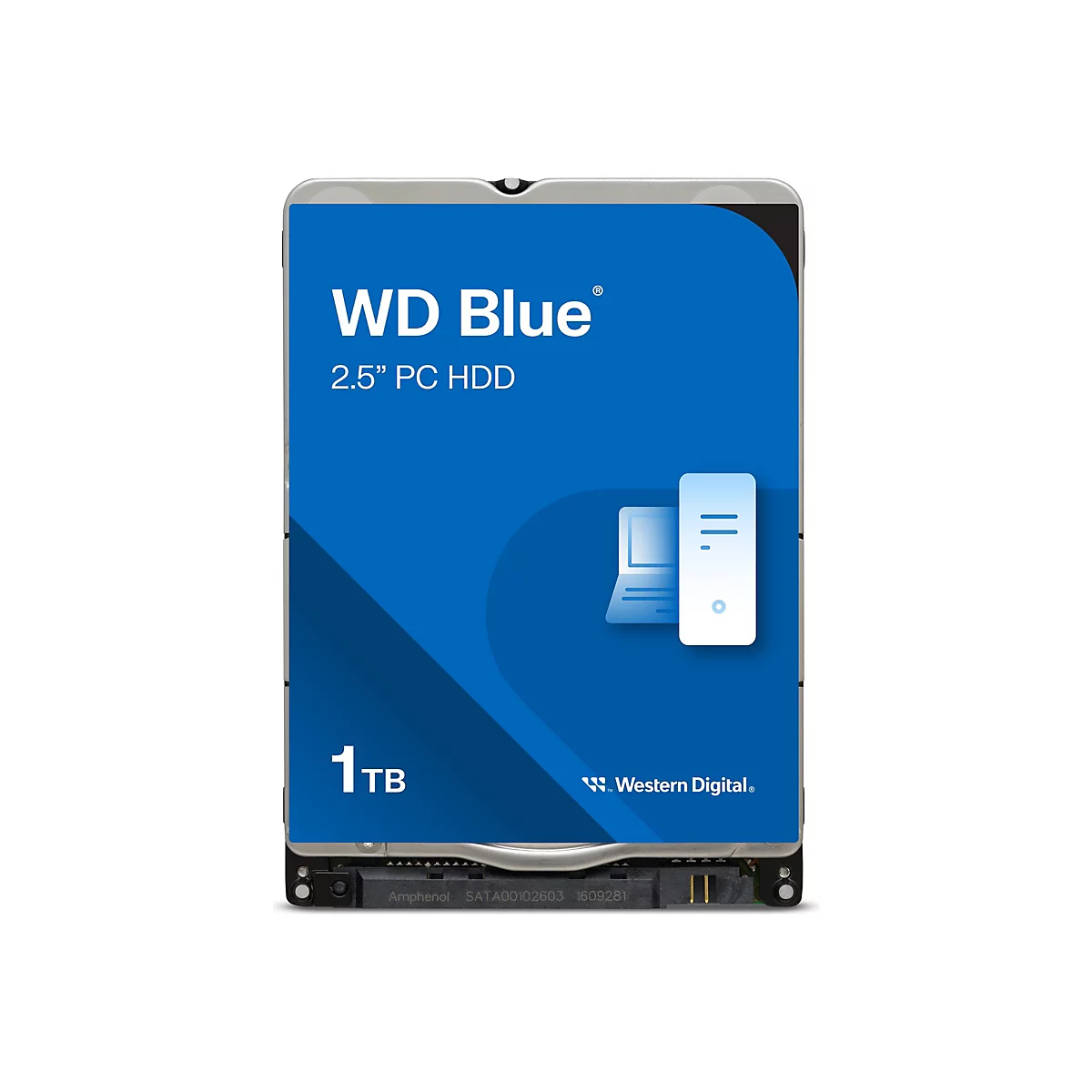 Festplatte WD Blue 1 TB, 2,5 Zoll. Auf blauem Hintergrund: WD Blue Logo, Laptop-Symbol.