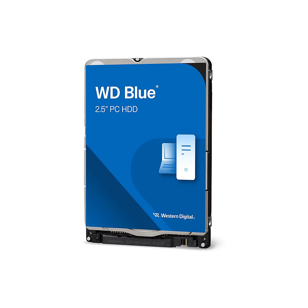 Eine Festplatte mit WD Blue-Logo und 2,5" PC HDD-Aufdruck. Blau-weißes Design, Produkt vor neutralem Hintergrund.