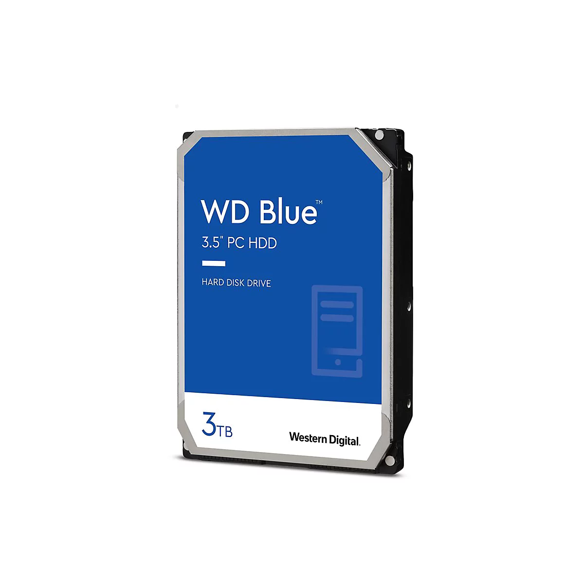 Festplatte WD Blue 3.5" PC HDD, 3 TB. Blau-weißes Design mit Texten.