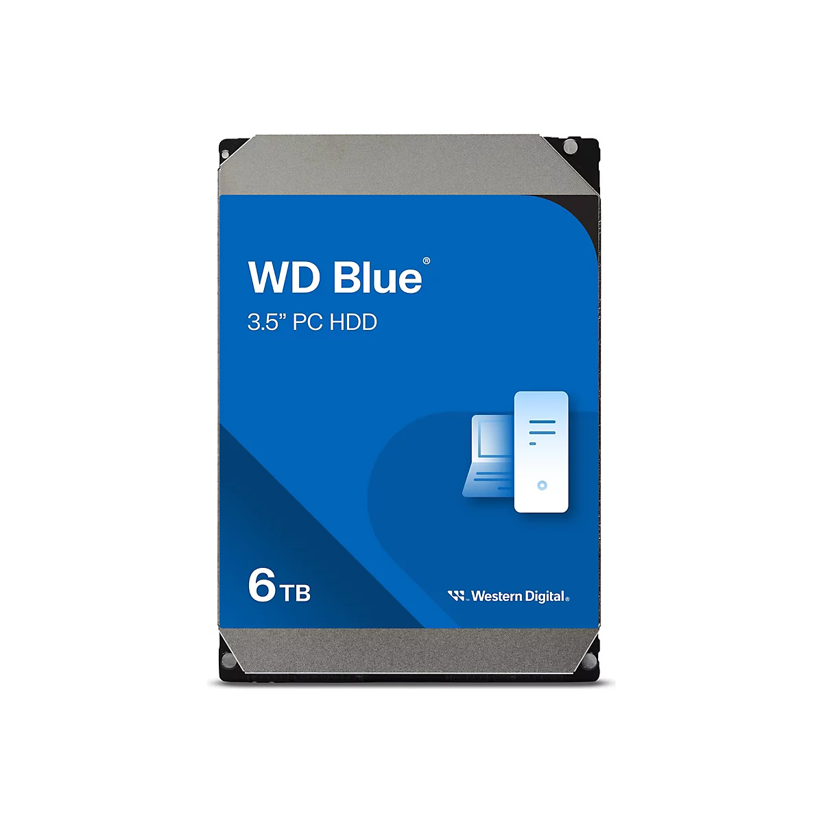 Festplatte WD Blue 3.5" PC HDD, 6 TB. Blaues Label mit weißer Schrift.