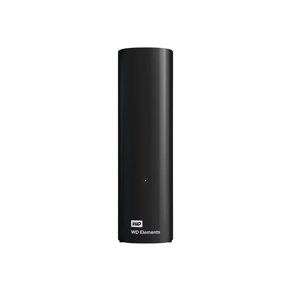Schwarze externe Festplatte, vertikal stehend. Aufschrift: WD Elements.