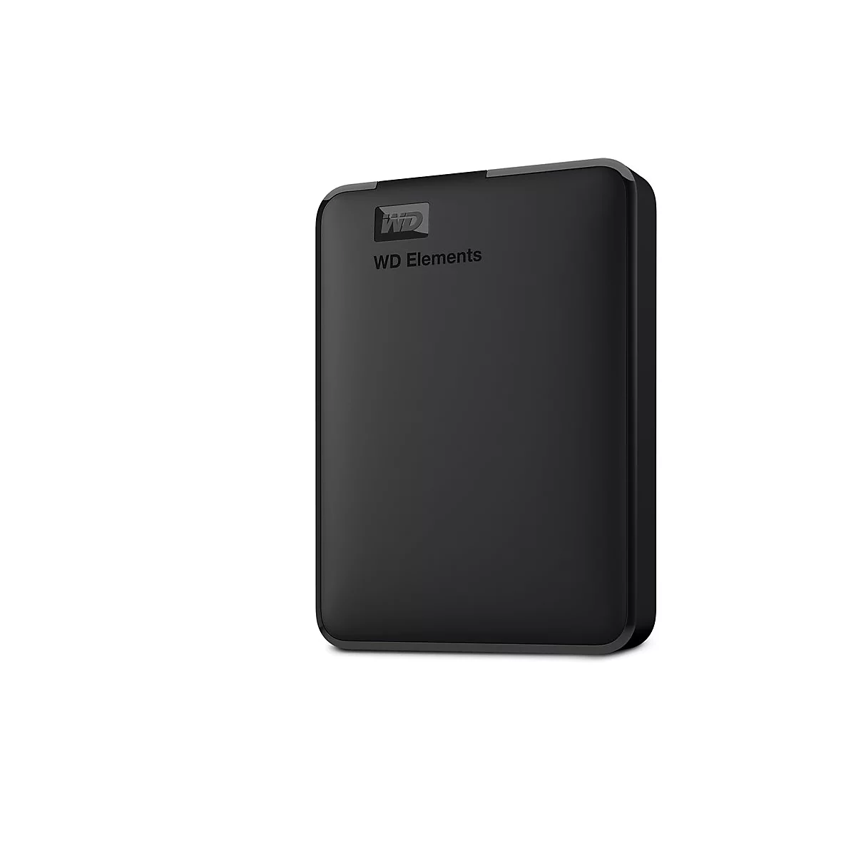 Disque dur externe noir, WD Elements, sur fond blanc. Logo et texte WD.