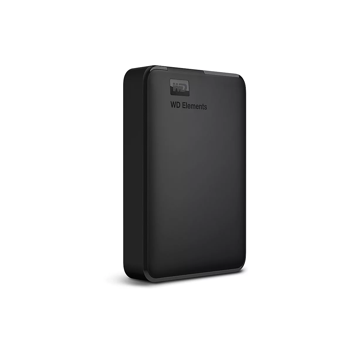 Disque dur externe noir WD Elements sur fond blanc. Avec le logo et l'inscription 'WD Elements'.