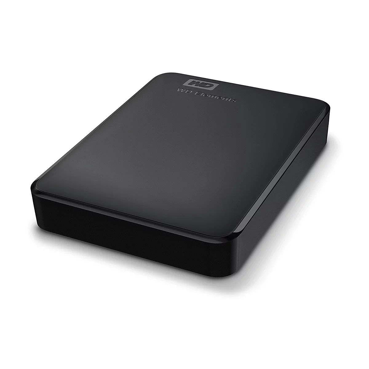 Disque dur externe noir, WD Elements, posé sur fond blanc. Le texte WD Elements est en haut.