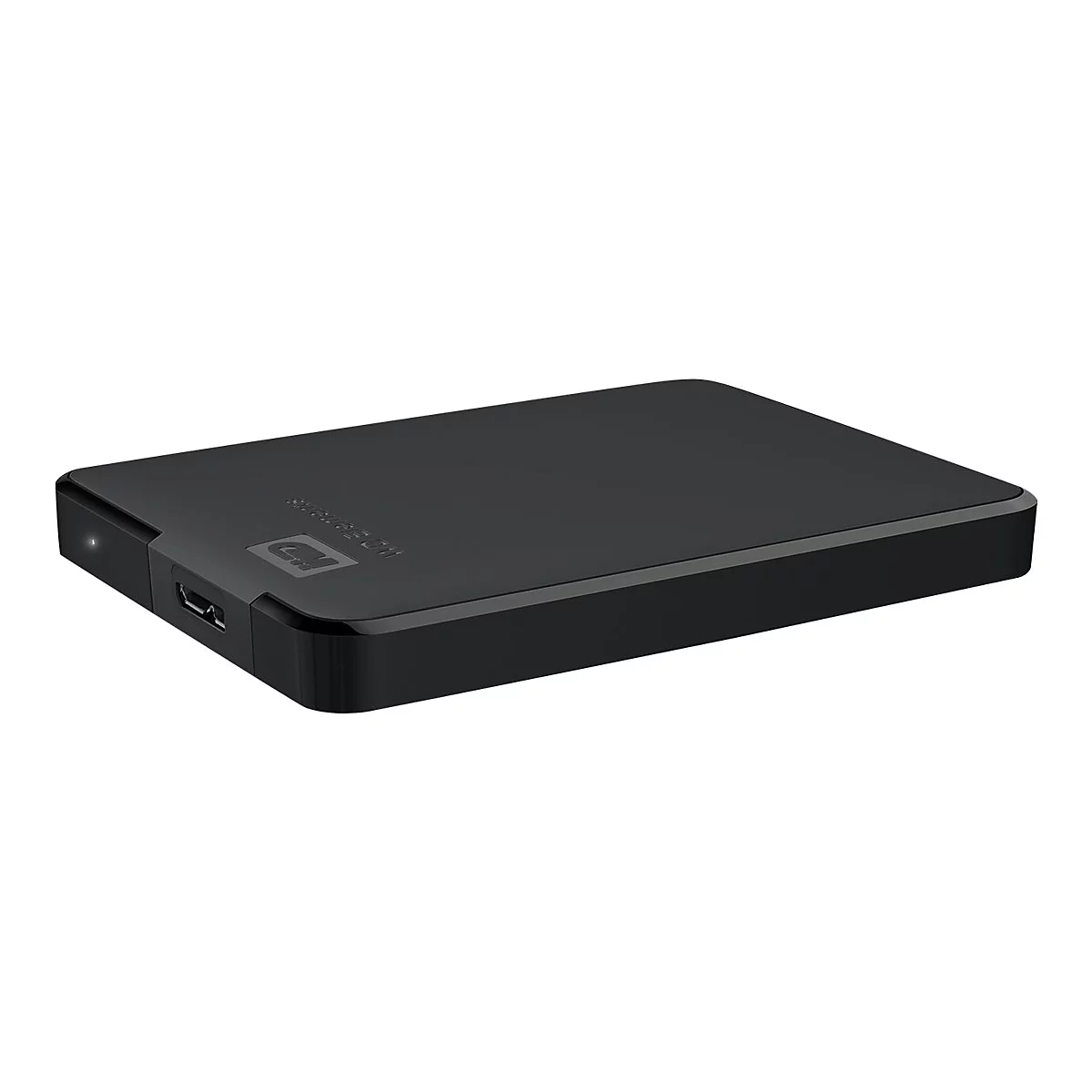 Disque dur externe rectangulaire noir. Il dispose d'un port, d'une LED et du logo WD.