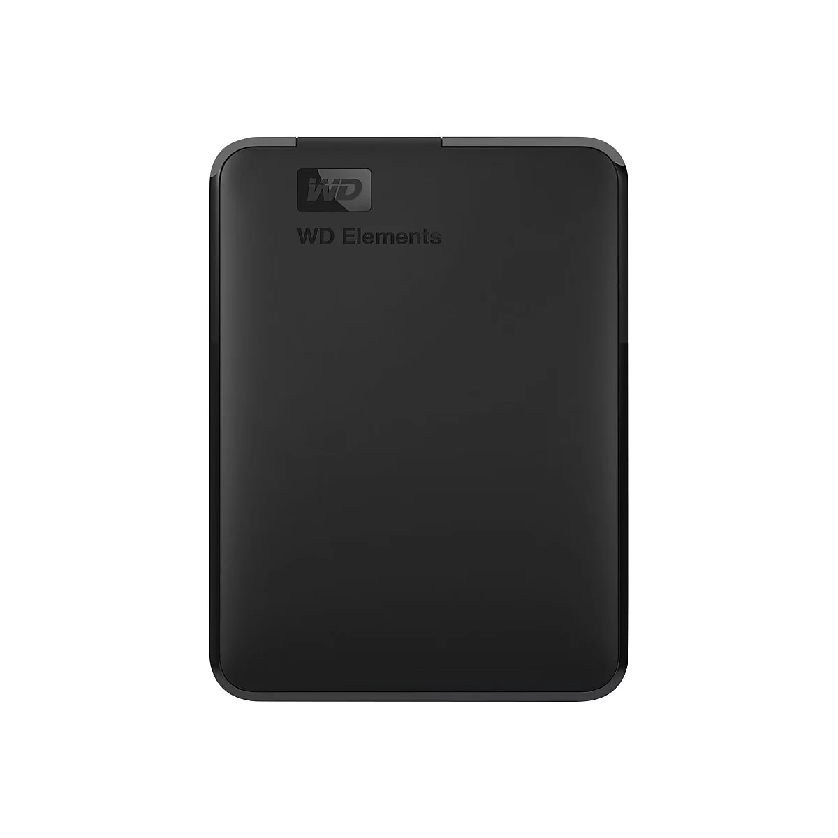 Disque dur externe noir avec "WD Elements" imprimé dessus. Surface lisse.