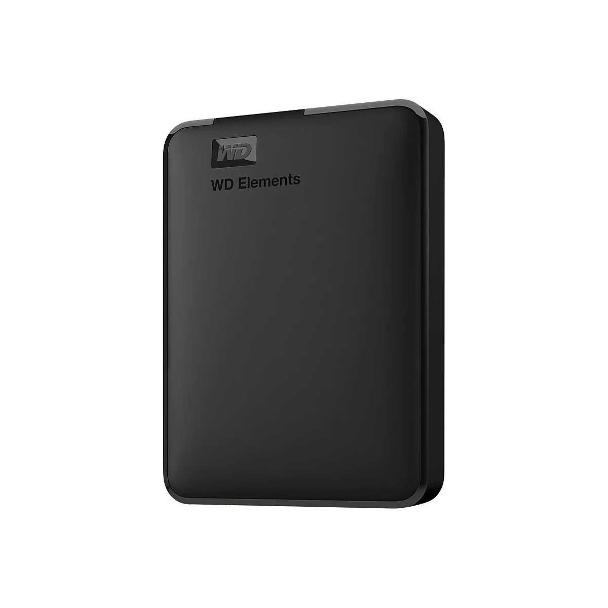 Disque dur externe noir avec le logo WD Elements. Le boîtier est légèrement arrondi.