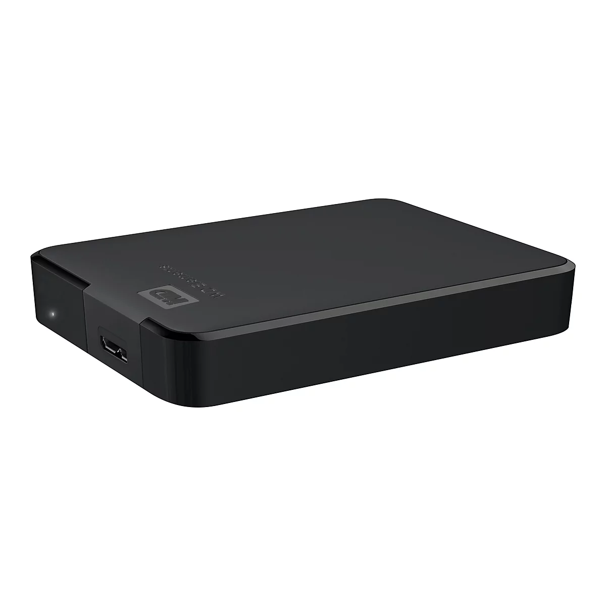 Disque dur externe noir WD Elements, avec logo et port USB. Le disque dur est rectangulaire avec des coins arrondis.
