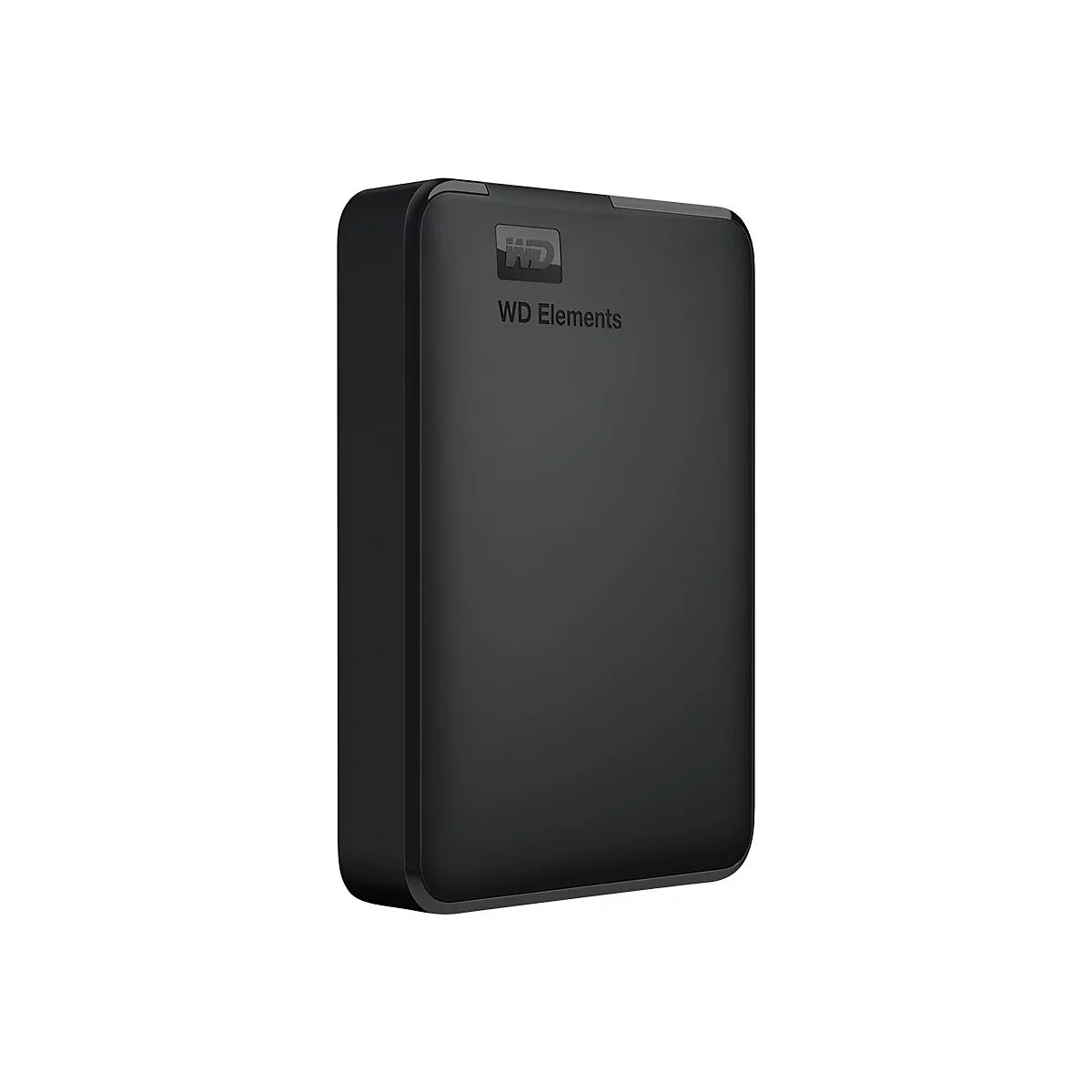 Disque dur externe noir WD Elements sur fond blanc.