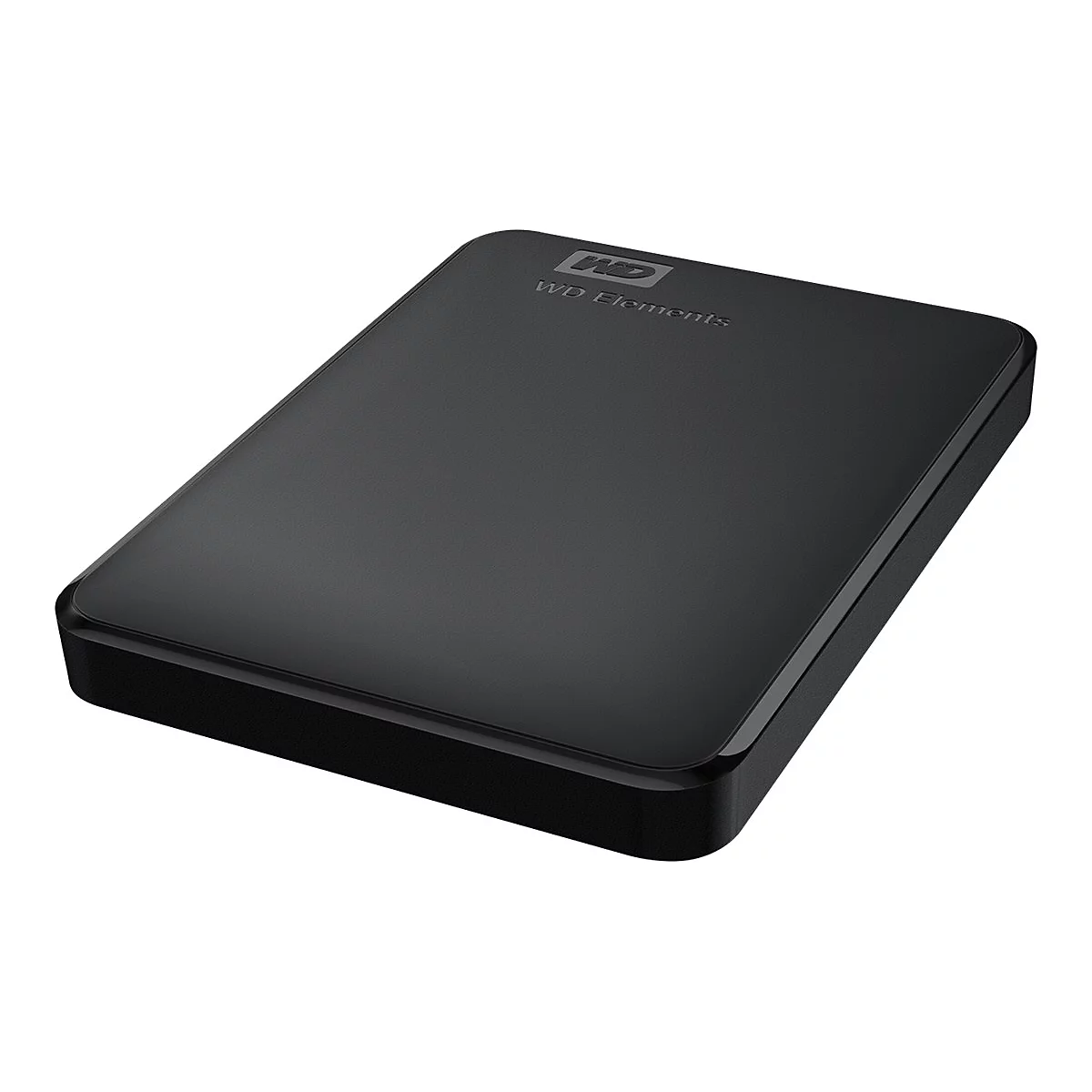 Disque dur externe WD Elements noir. WD Elements est écrit en haut. Coins arrondis.
