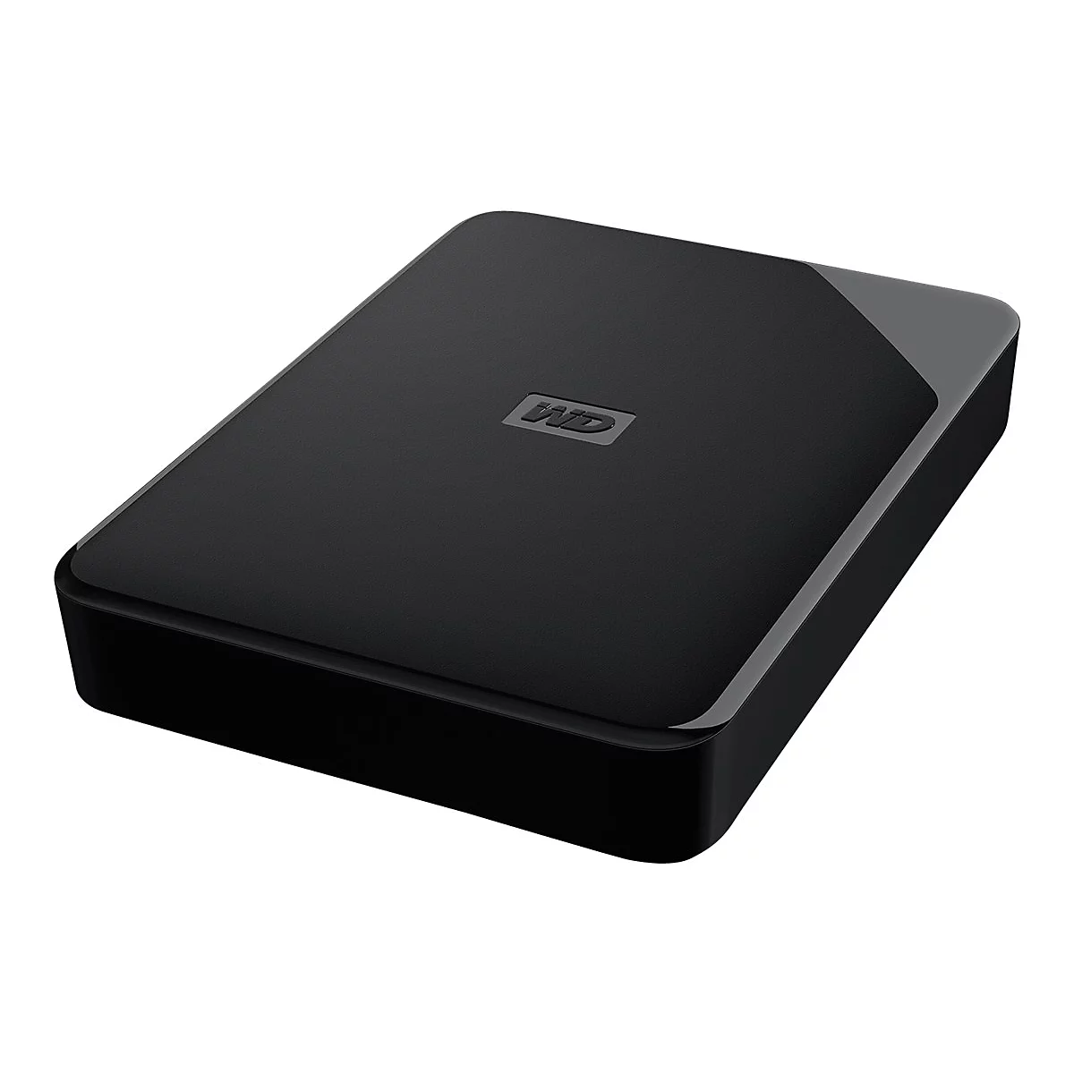 Disque dur externe noir avec logo WD. Forme rectangulaire, coins arrondis.