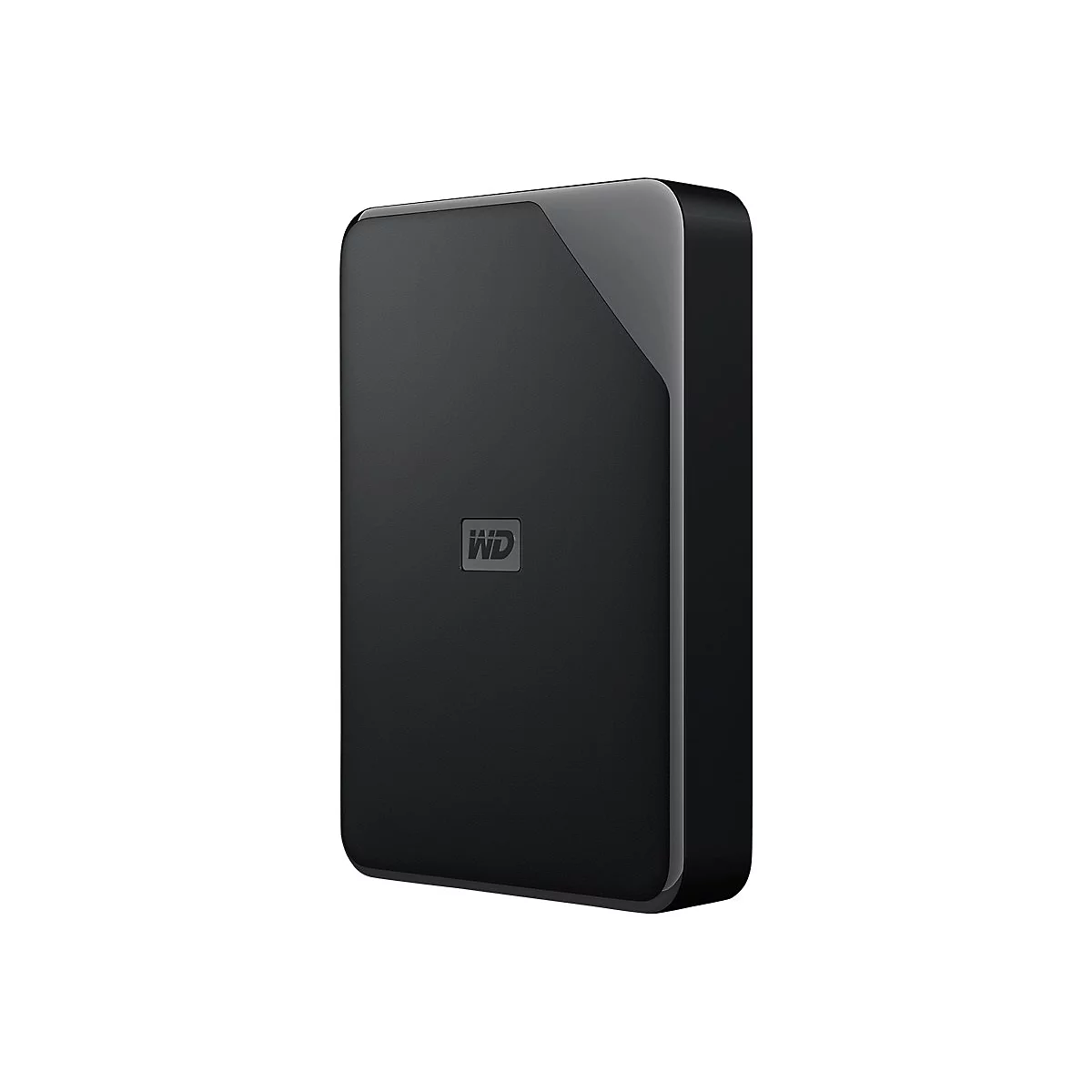 Disque dur externe noir, avec logo WD, sur fond blanc.