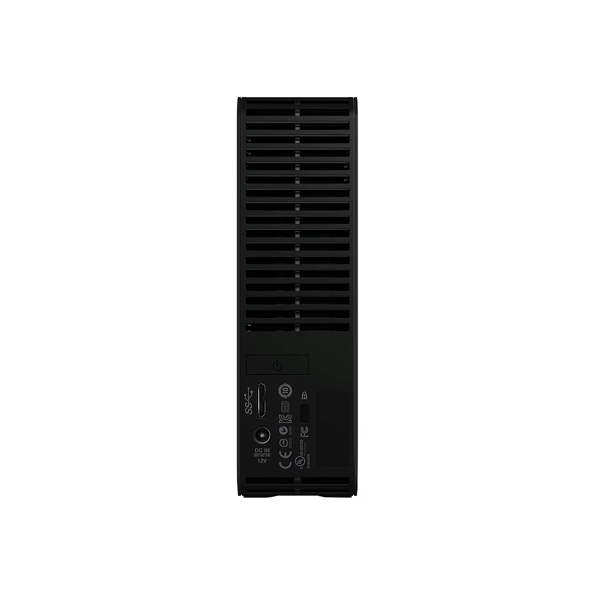 Disque dur externe noir, orientation verticale. Grille de ventilation en haut, connexions comme l'alimentation, USB et bouton d'alimentation en bas.