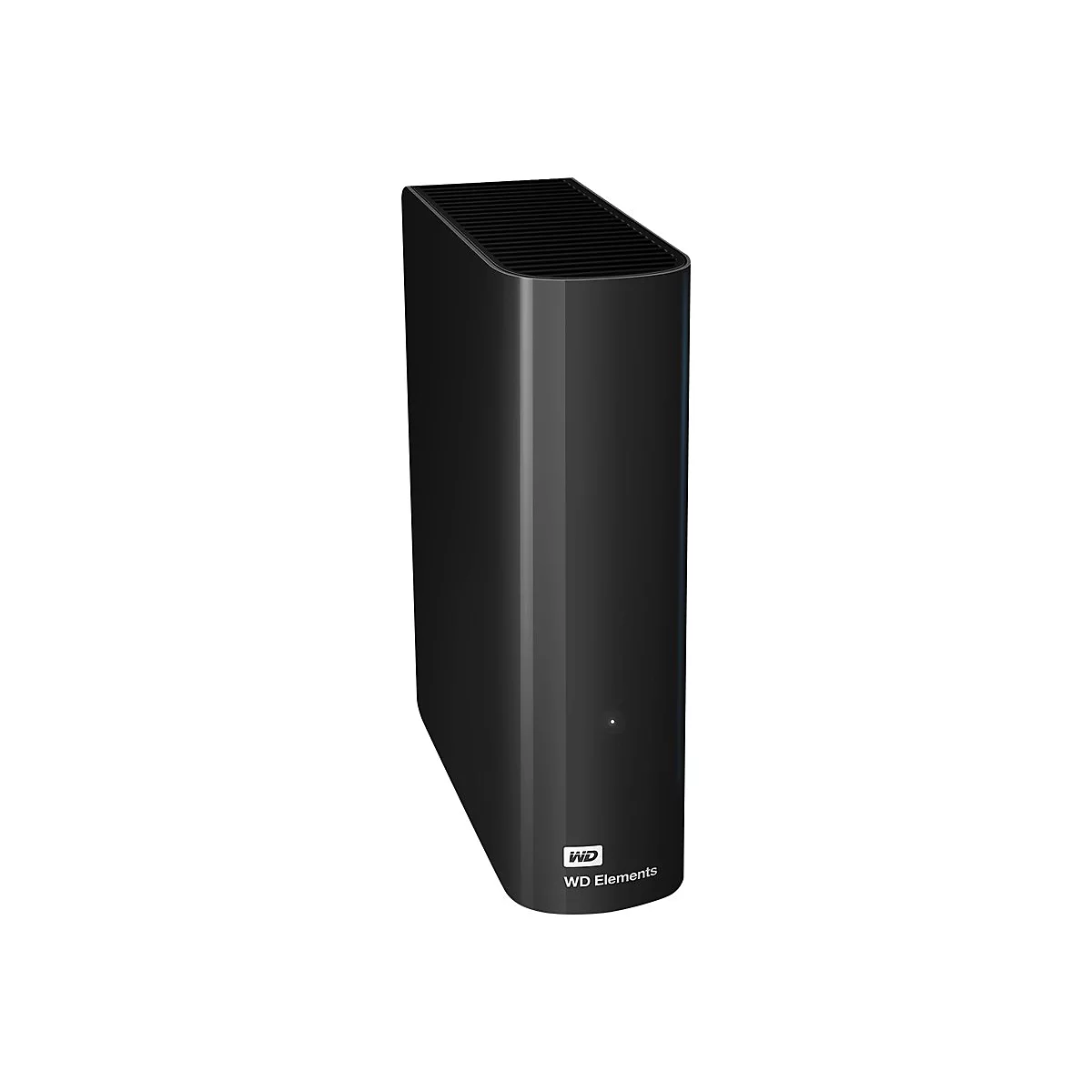 Disque dur externe noir, WD Elements, devant un fond blanc. Avec logo et LED.
