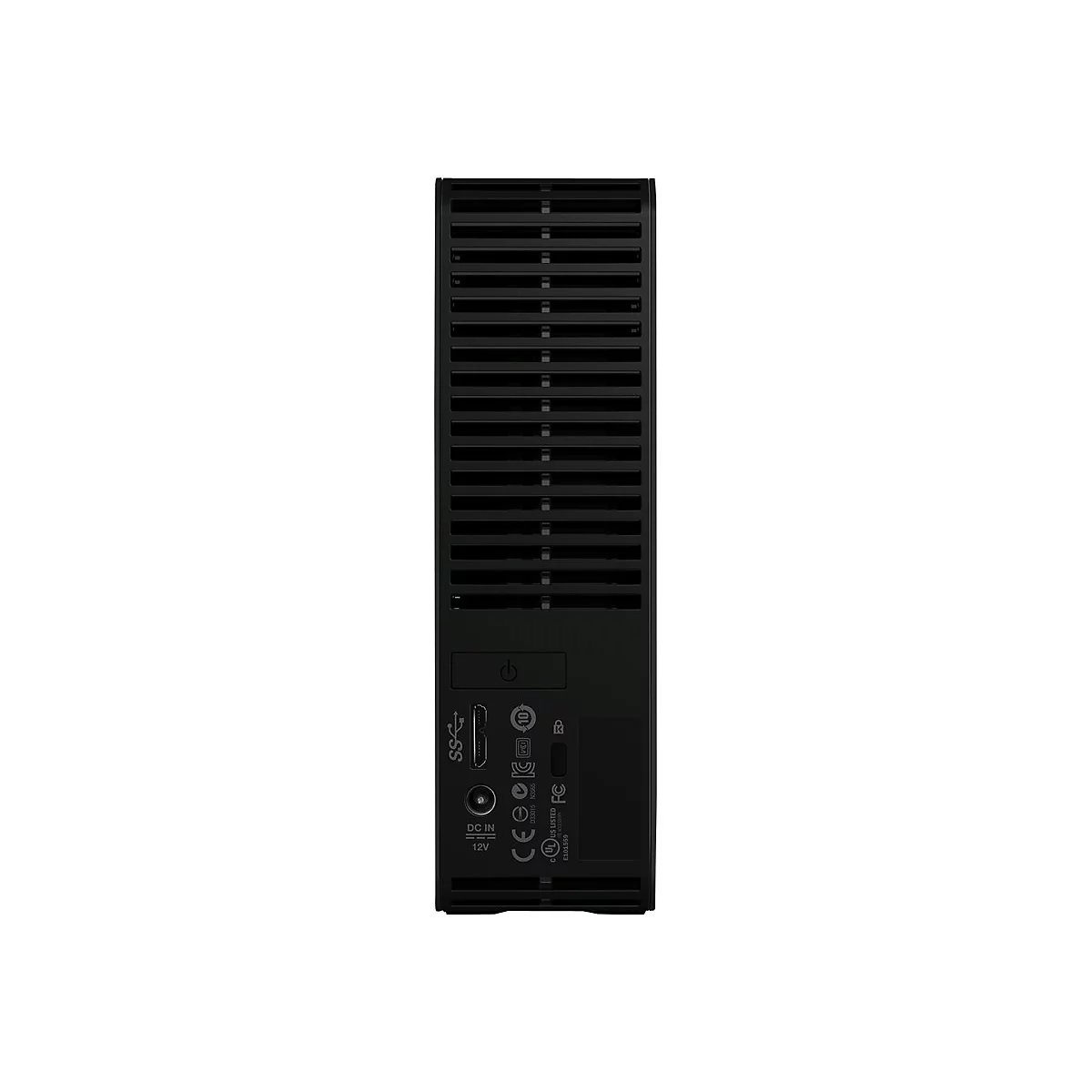 Disque dur noir avec fentes d'aération. Arrière avec ports, logo et bouton d'alimentation.