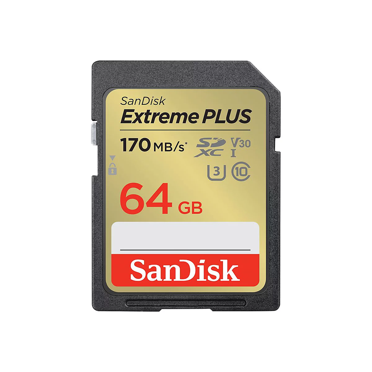 Une carte SD SanDisk Extreme PLUS noire, 64 Go. Impression : 170 Mo/s, logo Sandisk, lettrage rouge, fond doré.