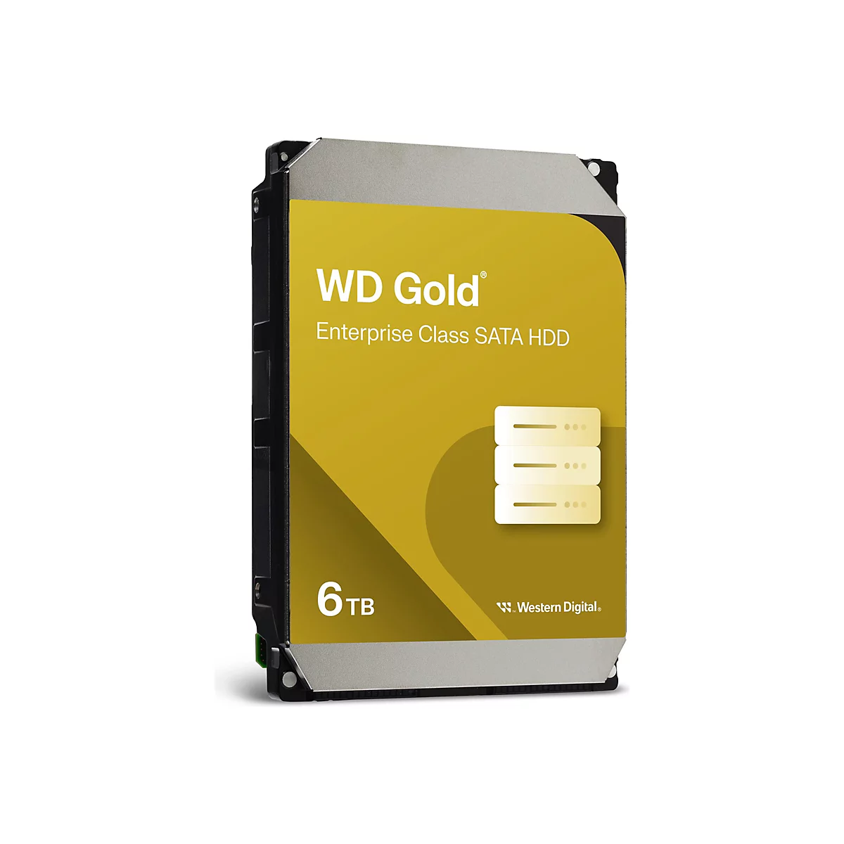 Disque dur WD Gold, Enterprise Class SATA HDD, 6 To. Texte blanc et élément graphique sur fond jaune.