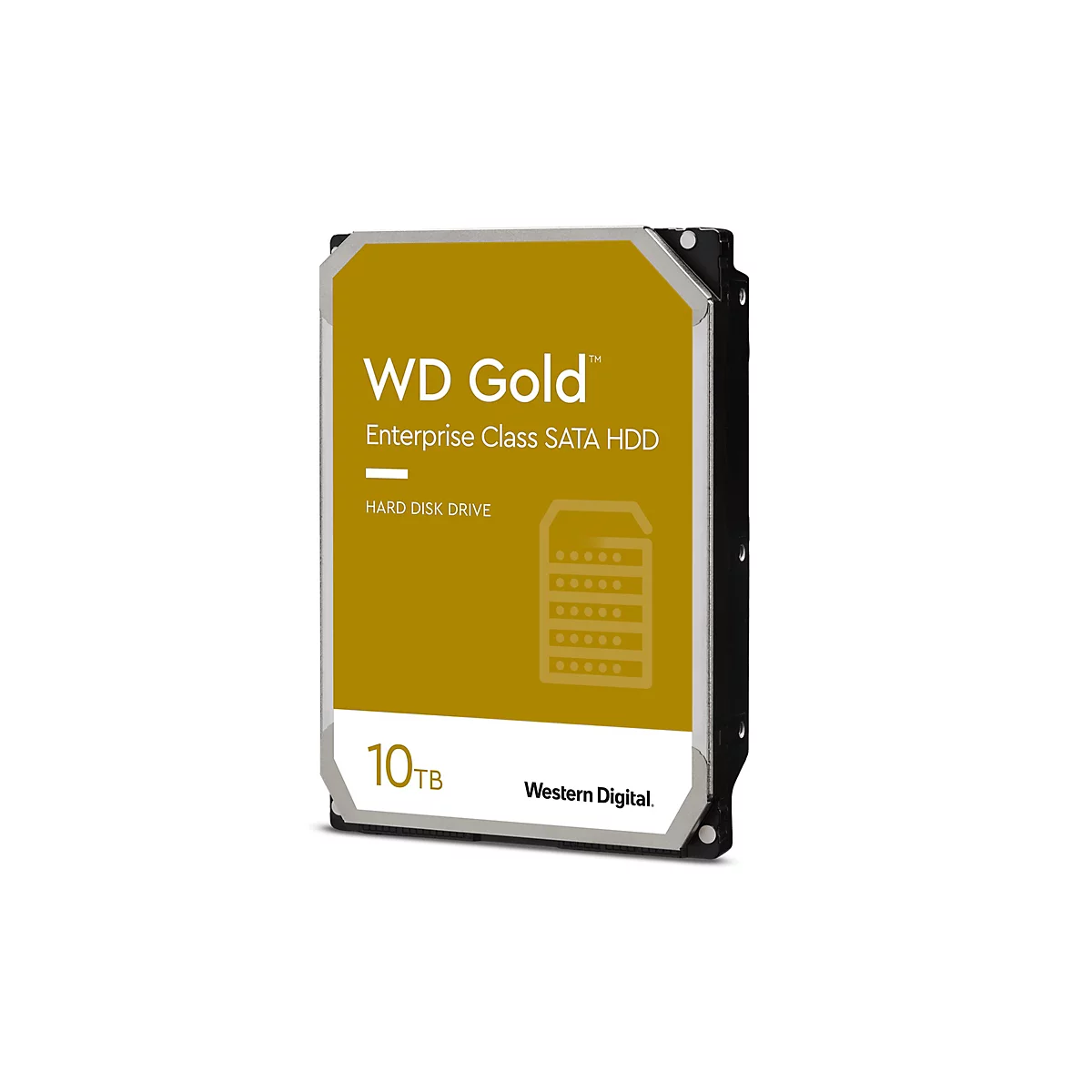 Festplatte WD Gold, Enterprise Class SATA HDD, 10 TB, gelb-weißes Design. Text: WD Gold, Festplatte.