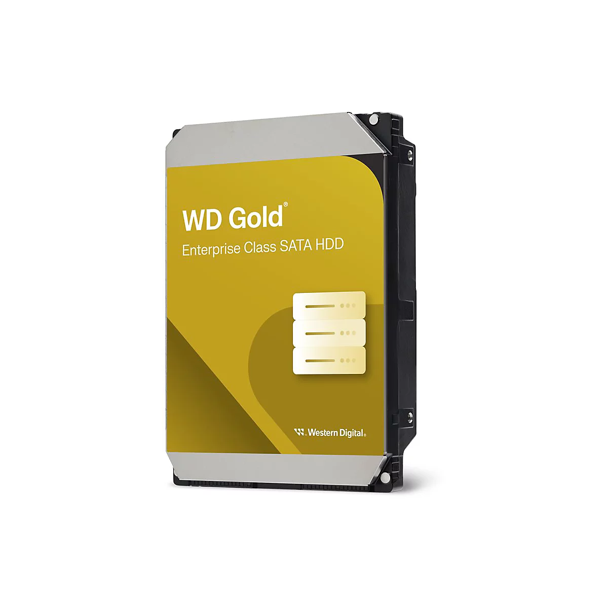 Festplatte WD Gold, Enterprise Class SATA HDD. Gelb-schwarzes Design, Logos und Schriftzüge.