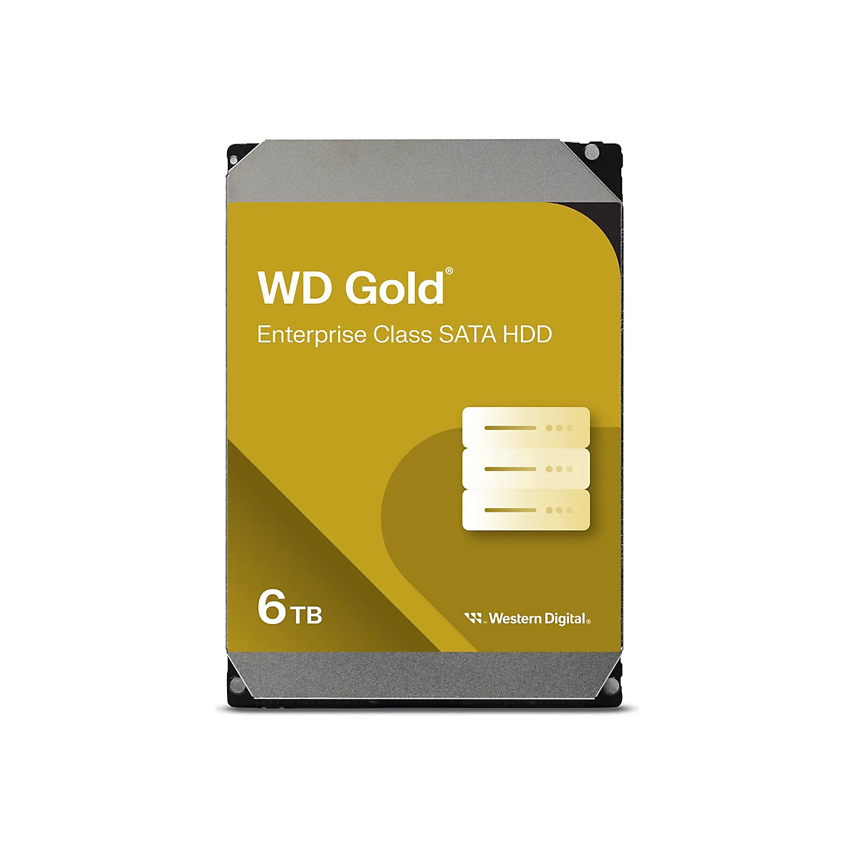 Festplatte WD Gold, Enterprise Class SATA HDD, 6TB. Auf gelbem Hintergrund das Produkt mit Logo, Spezifikationen und Speicherkapazität.