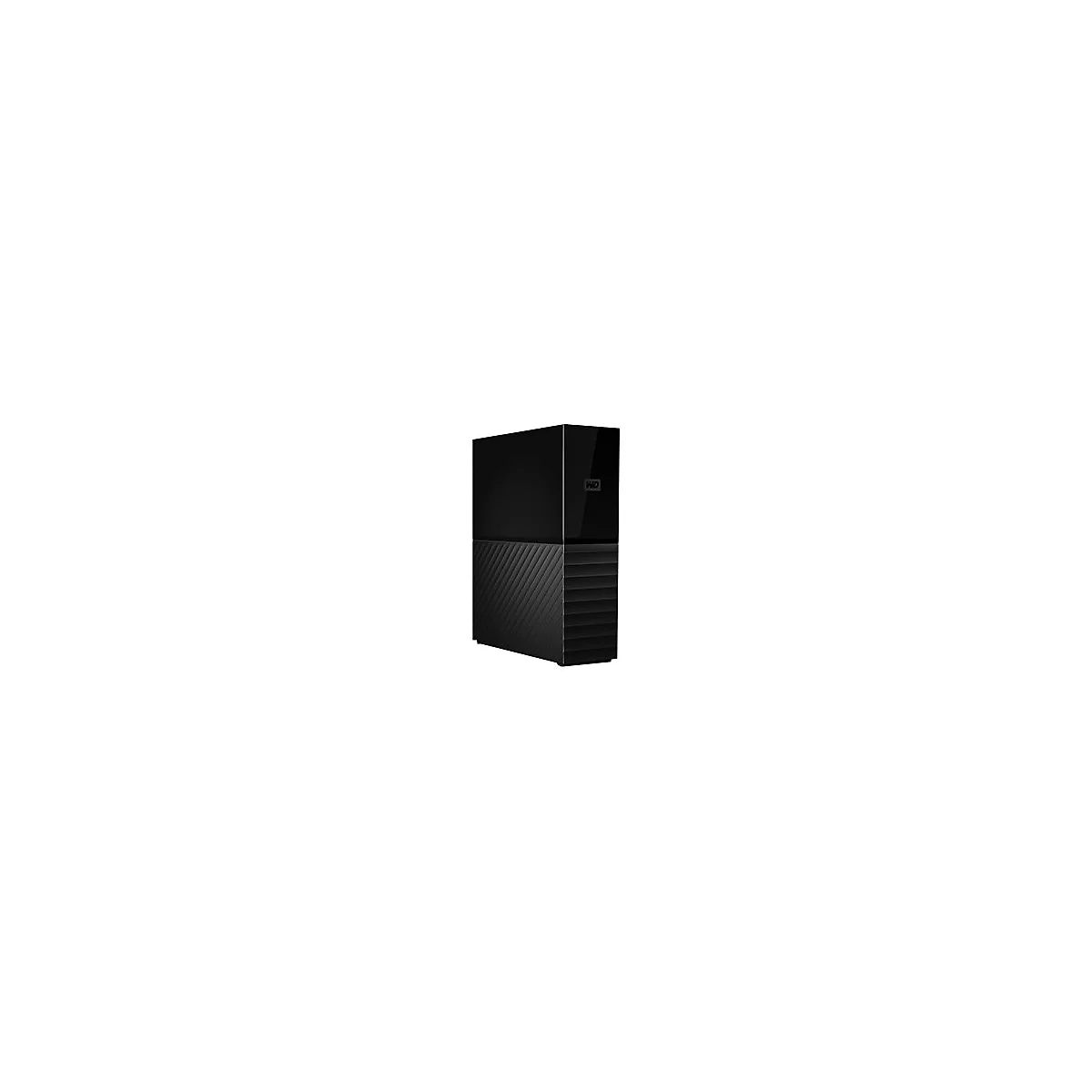 Schwarze externe Festplatte, zweigeteilt mit Texturen, WD-Logo.