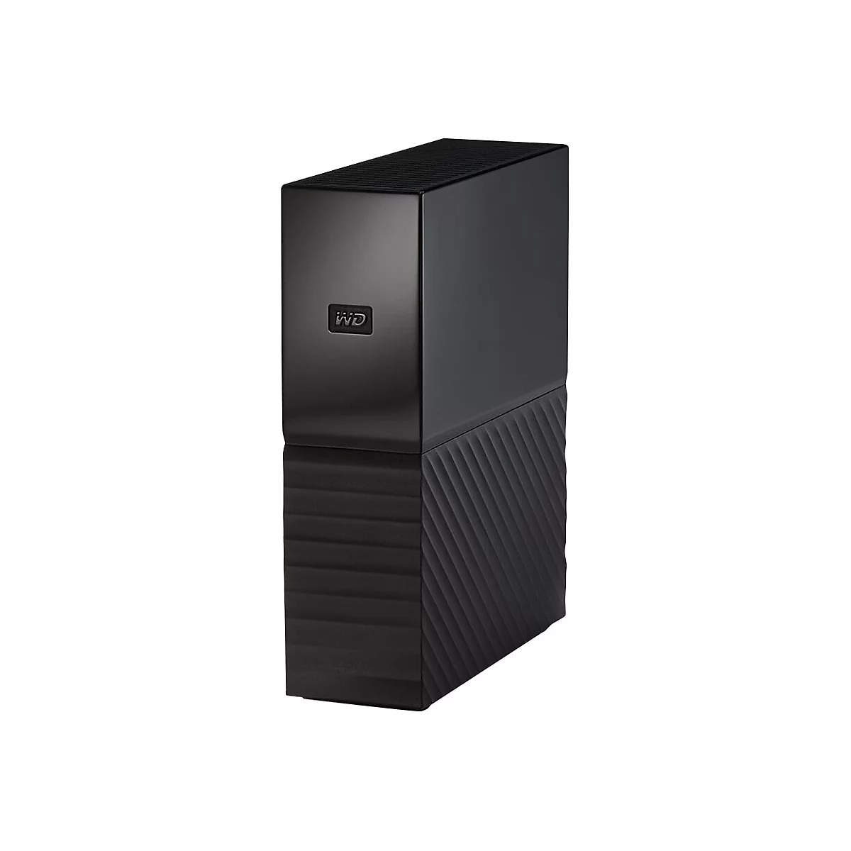 Schwarze externe Festplatte mit WD-Logo. Die untere Hälfte hat eine geriffelte Oberfläche.