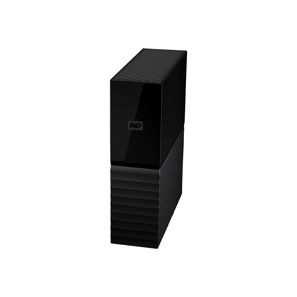 Disque dur externe noir de WD. Dessus avec fines rainures, bas avec rayures horizontales. Logo WD.