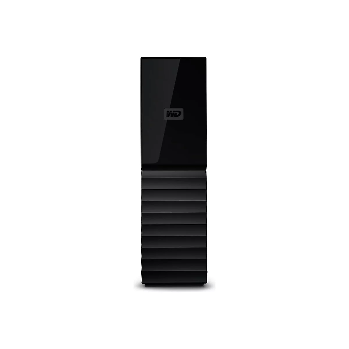Disque dur externe noir, vertical avec logo WD, moitié inférieure texturée.