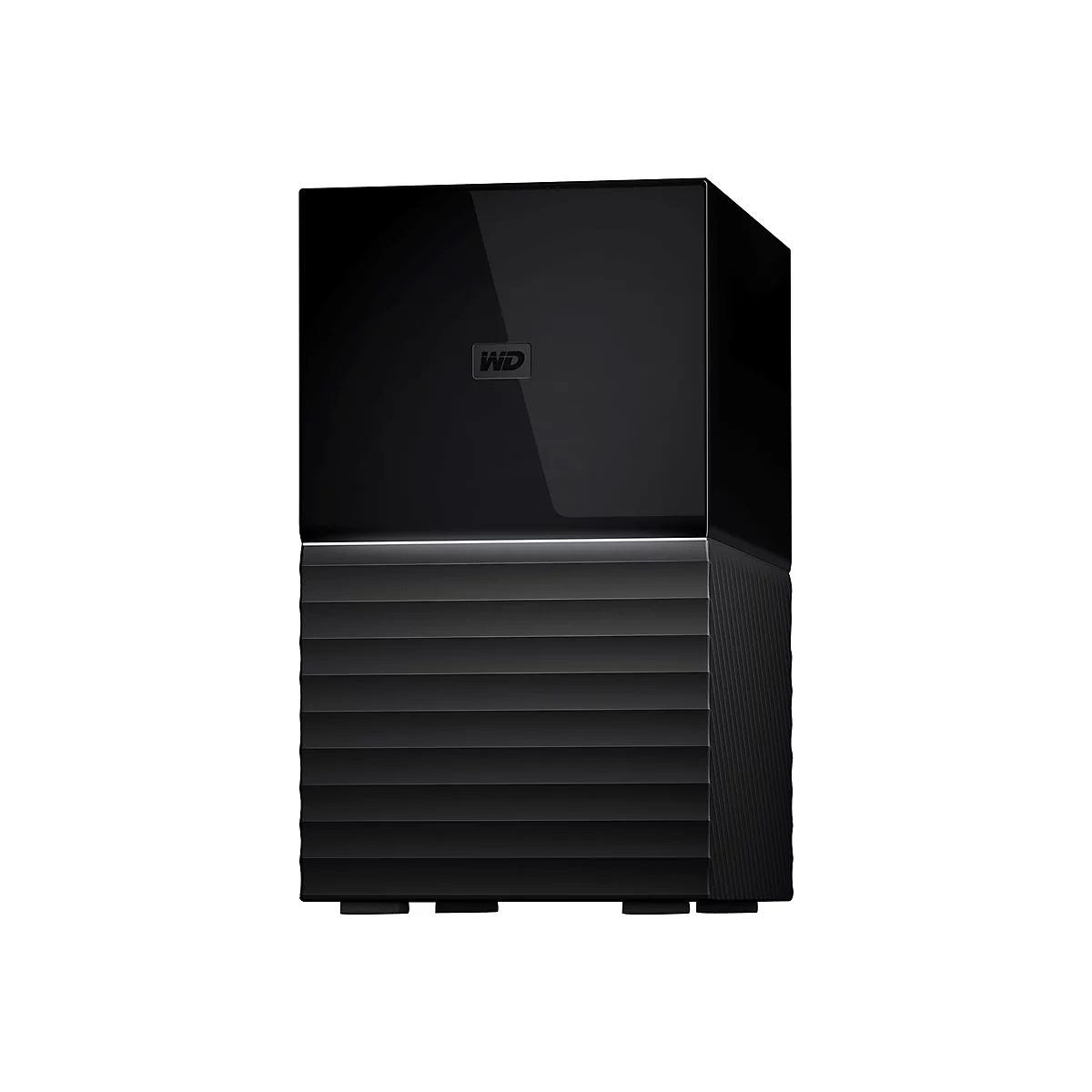 Disque dur externe noir avec logo "WD". Partie supérieure brillante, partie inférieure nervurée.
