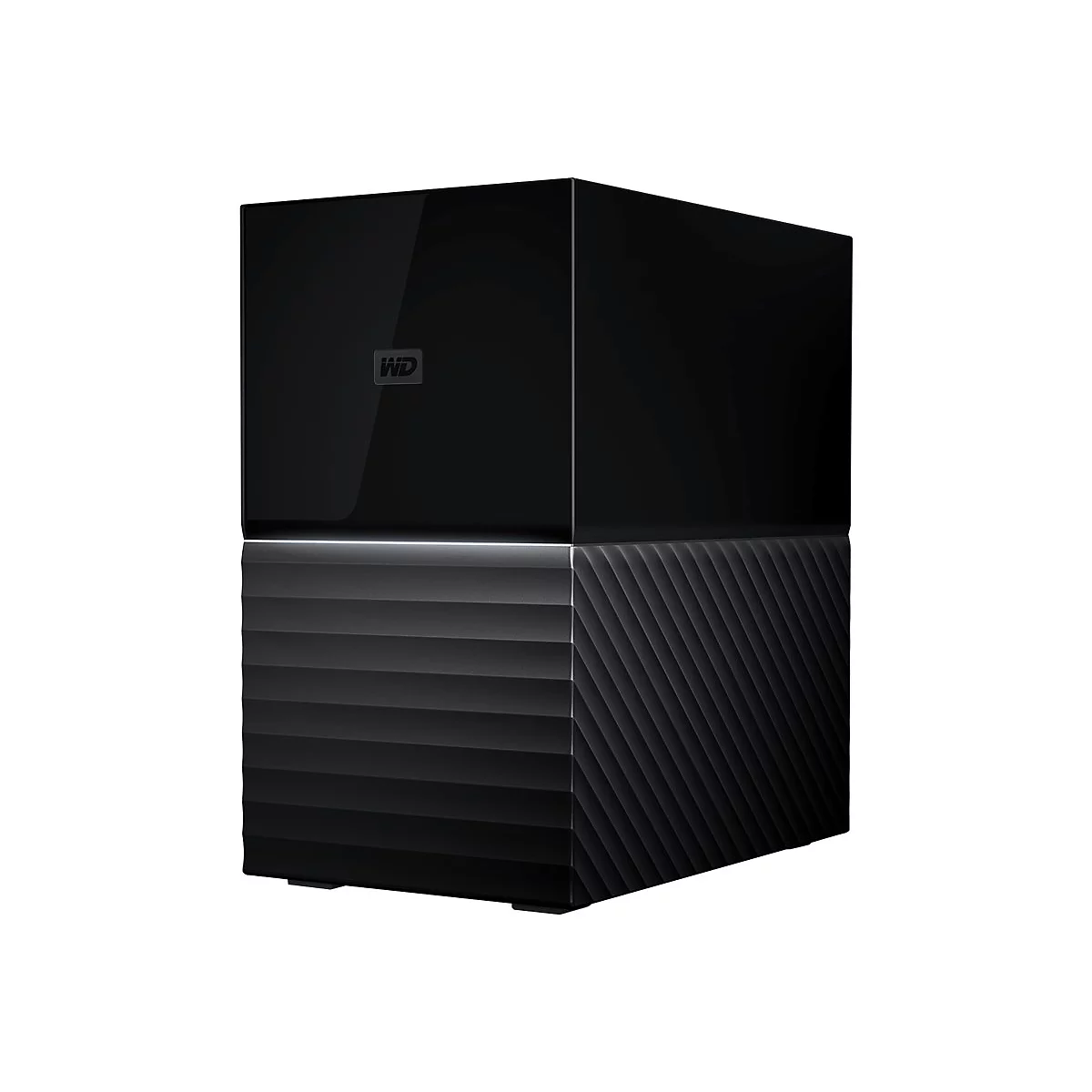 Disque dur externe noir, en deux parties avec logo WD, surface nervurée en bas.