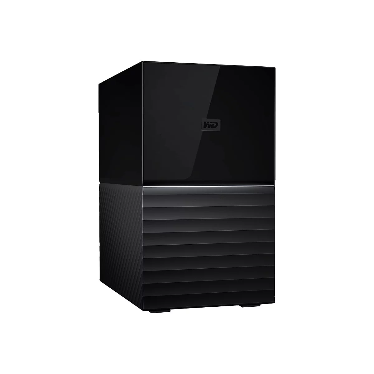 Disque dur externe noir, en deux parties, moitié supérieure lisse, moitié inférieure nervurée. Logo WD.