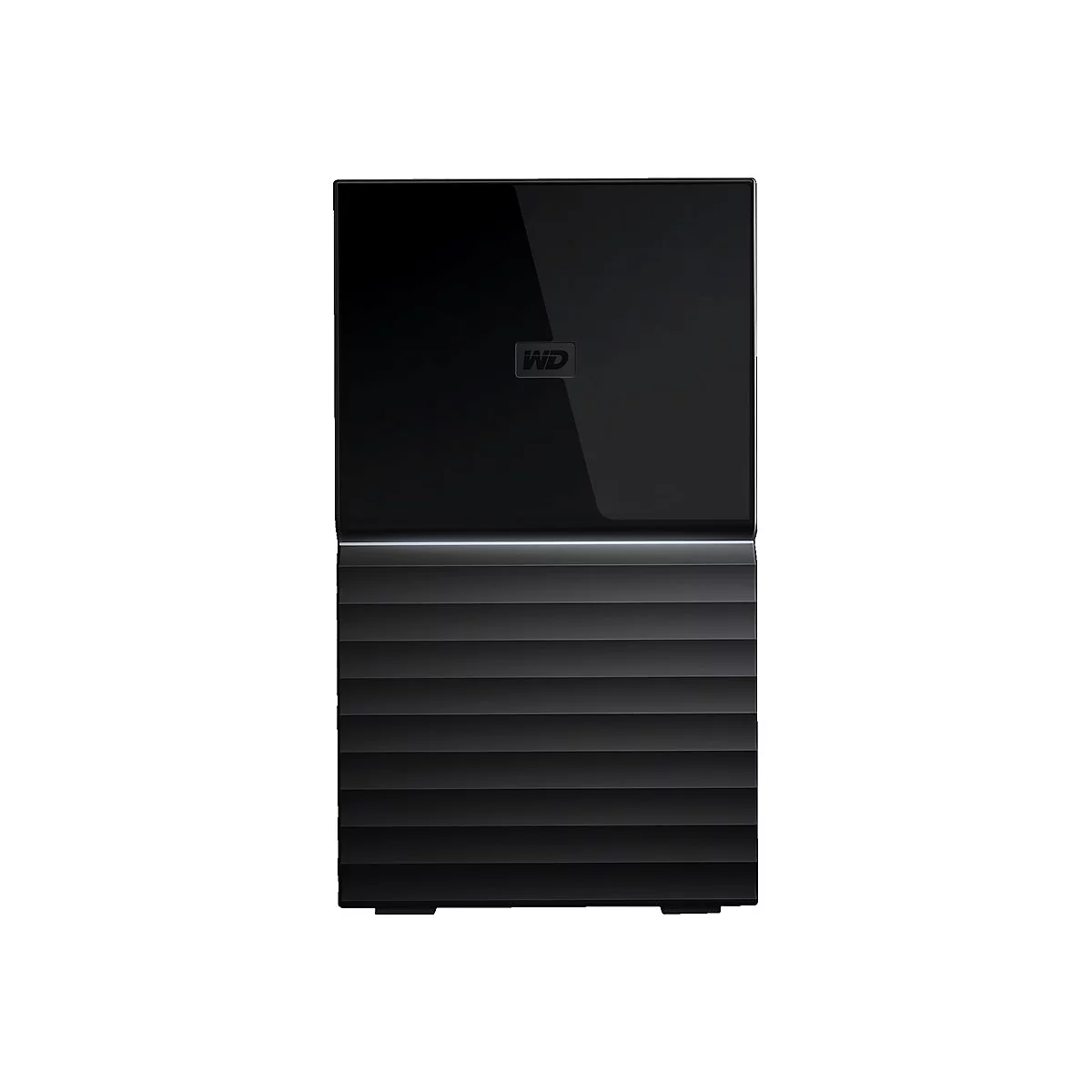 Disque dur externe noir, moitié supérieure brillante, moitié inférieure avec des nervures horizontales.