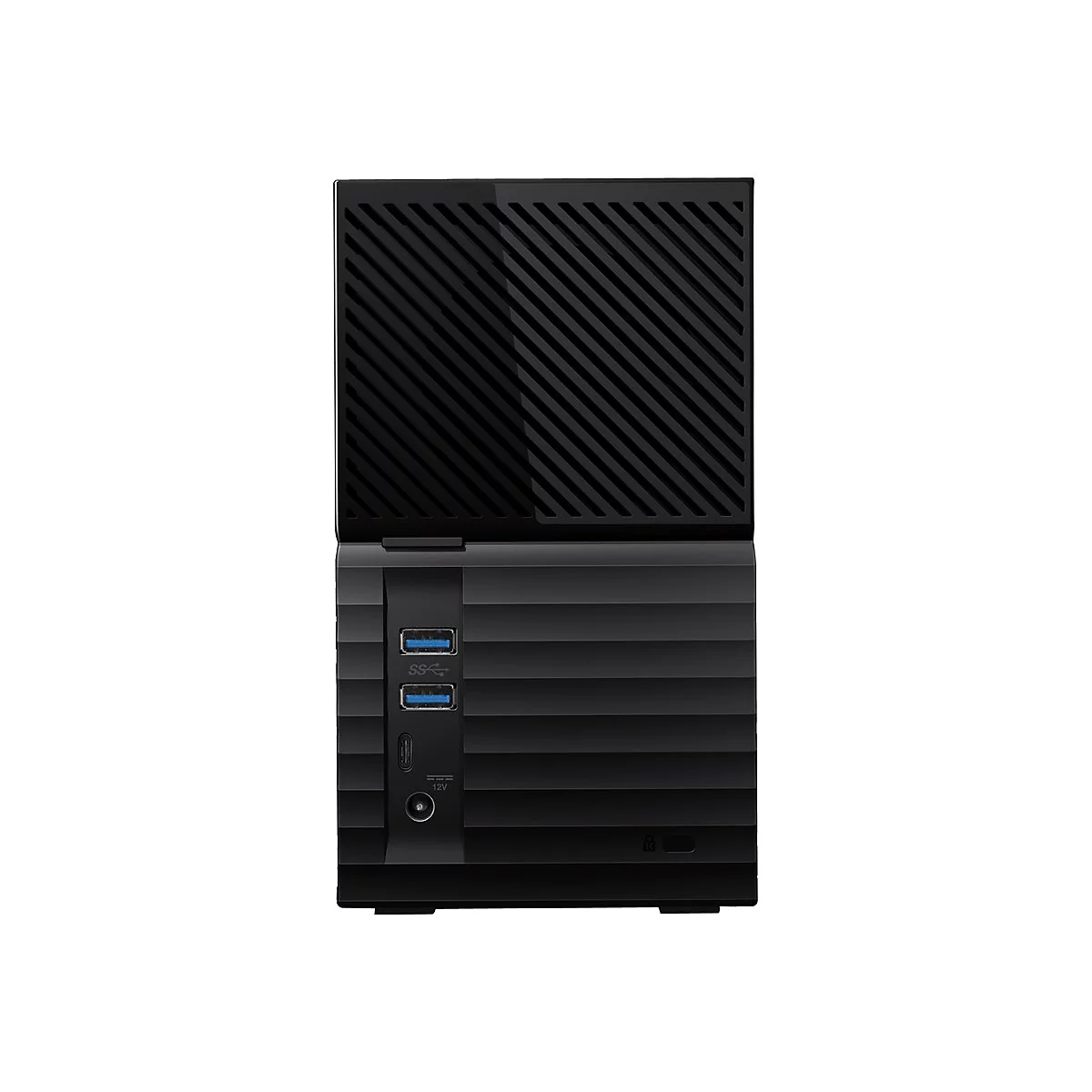 Schwarze externe Festplatte mit USB-Anschlüssen. Der obere Teil hat diagonal verlaufende Linien, der untere Teil ist geriffelt.