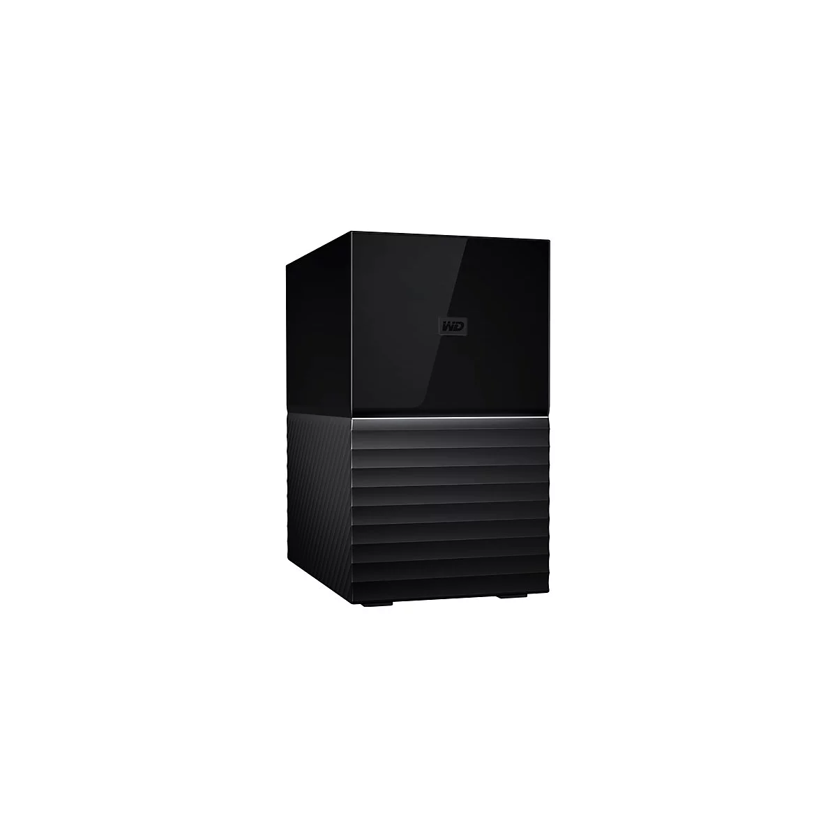 Schwarze externe Festplatte mit WD-Logo.