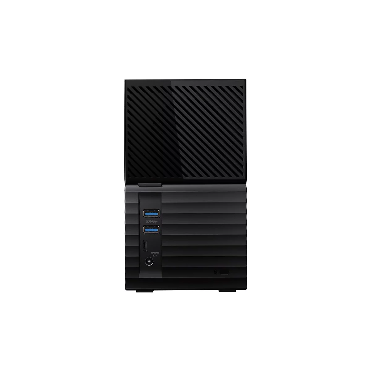 Eine schwarze externe Festplatte, auf weiÃŸem Hintergrund. Oben ein dunkler, geriffelter Bereich; darunter befinden sich USB-AnschlÃ¼sse.