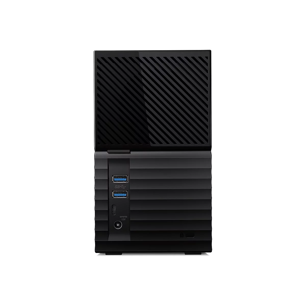 Schwarze externe Festplatte mit USB-Anschlüssen. Oben ein gerilltes Muster, unten glatt.