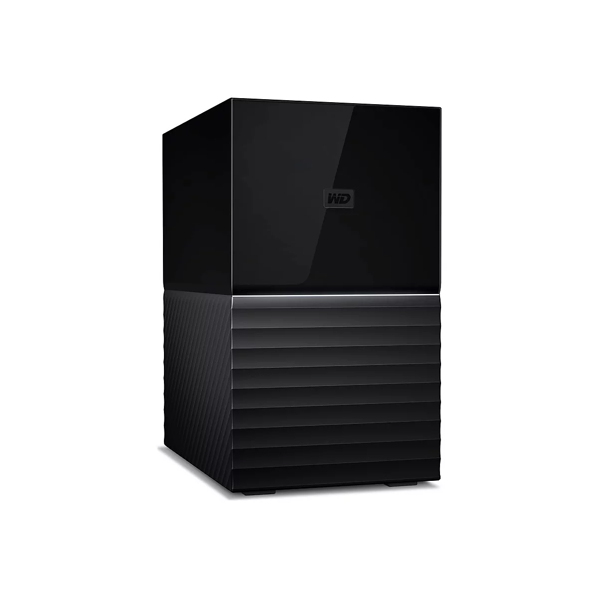Schwarze externe Festplatte, zweigeteilt in glatte und geriffelte Bereiche mit WD-Logo.