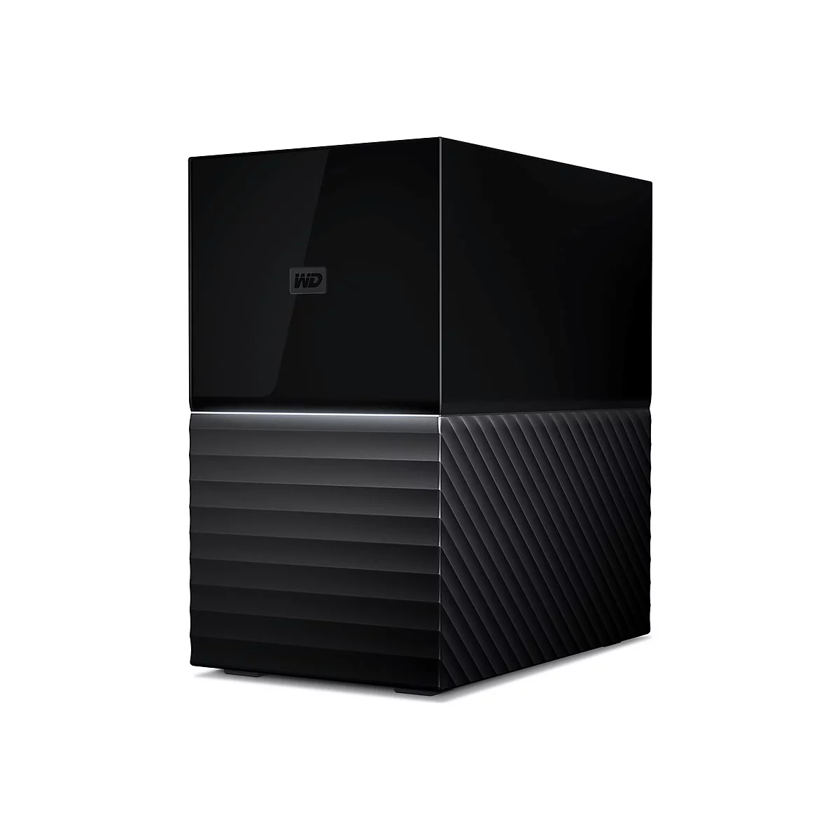 Schwarze externe Festplatte mit 'WD' Logo. Der untere Teil hat ein geriffeltes Design.
