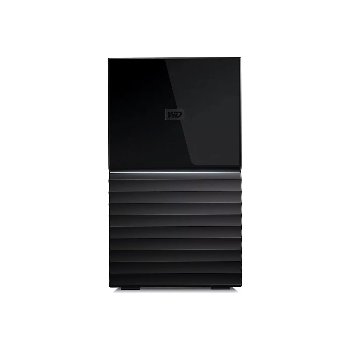Schwarze externe Festplatte mit "WD" Logo. Das Design weist horizontale Linien auf.