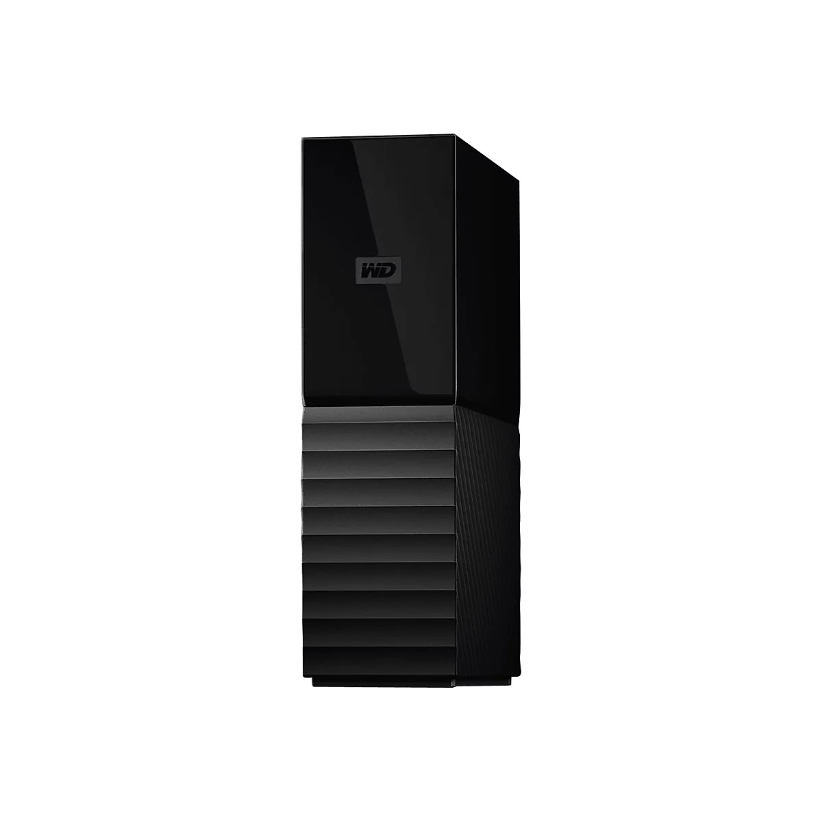 Schwarze externe Festplatte mit WD Logo. Sie hat eine glänzende Oberseite und geriffelte Seiten.