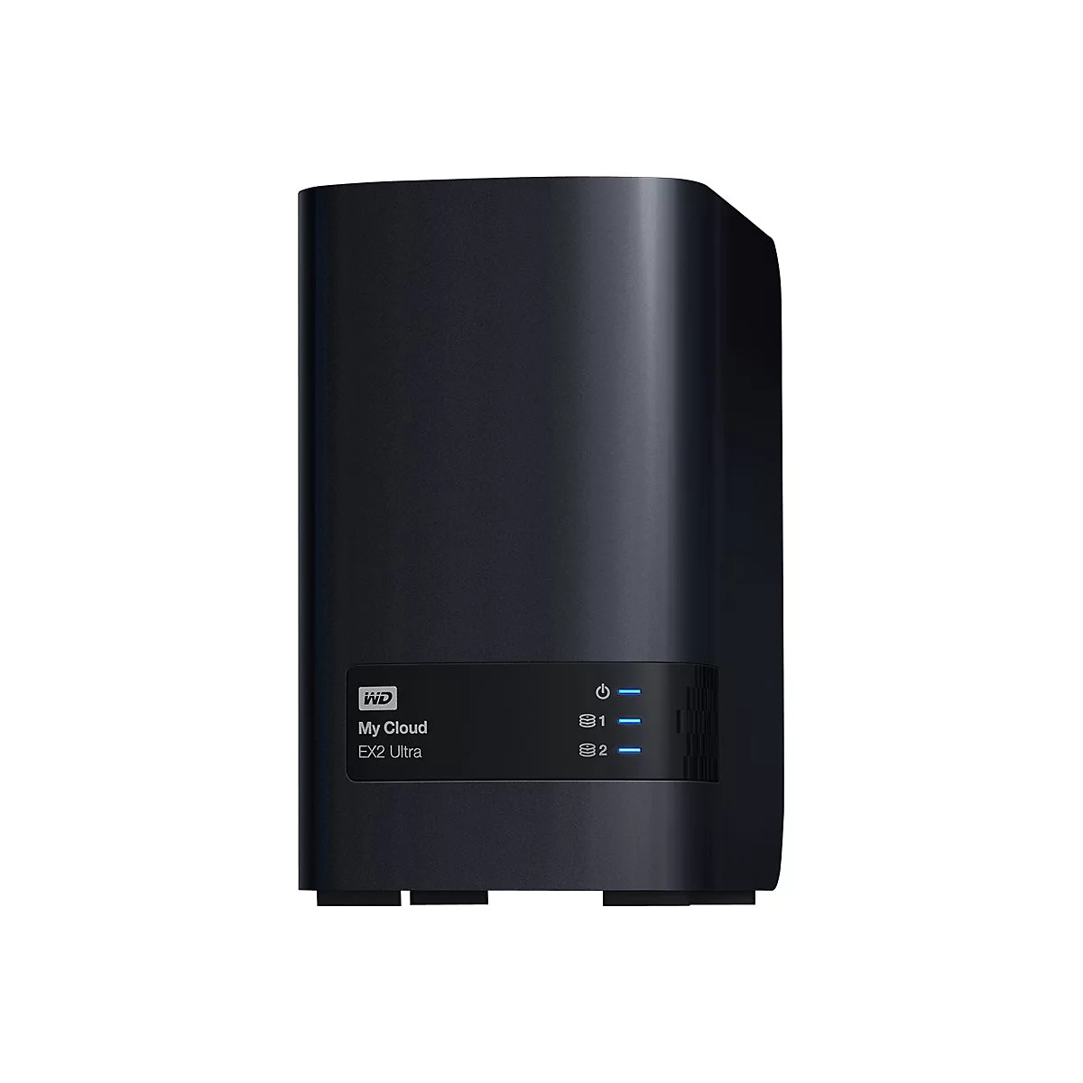 Dunkelblauer externer Festplattenspeicher von WD, mit blau leuchtenden LEDs, Beschriftung: My Cloud EX2 Ultra.