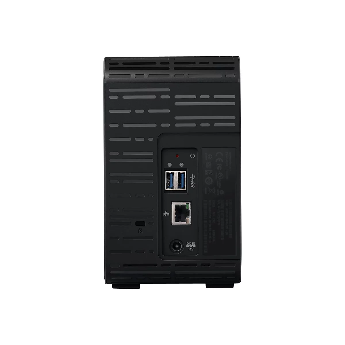 Rückseite einer schwarzen Festplatte mit Anschlüssen für USB, Ethernet und Strom. Deutlich sind auch Produktinformationen abgebildet.